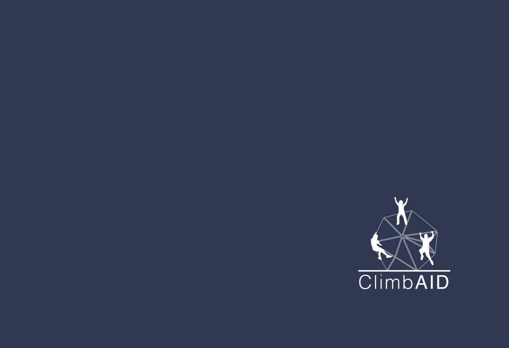 Logo of ClimbAID with silhouettes of climbers scaling a multicolored geometric shape, inspired by Mammut's commitment to mountaineering excellence.