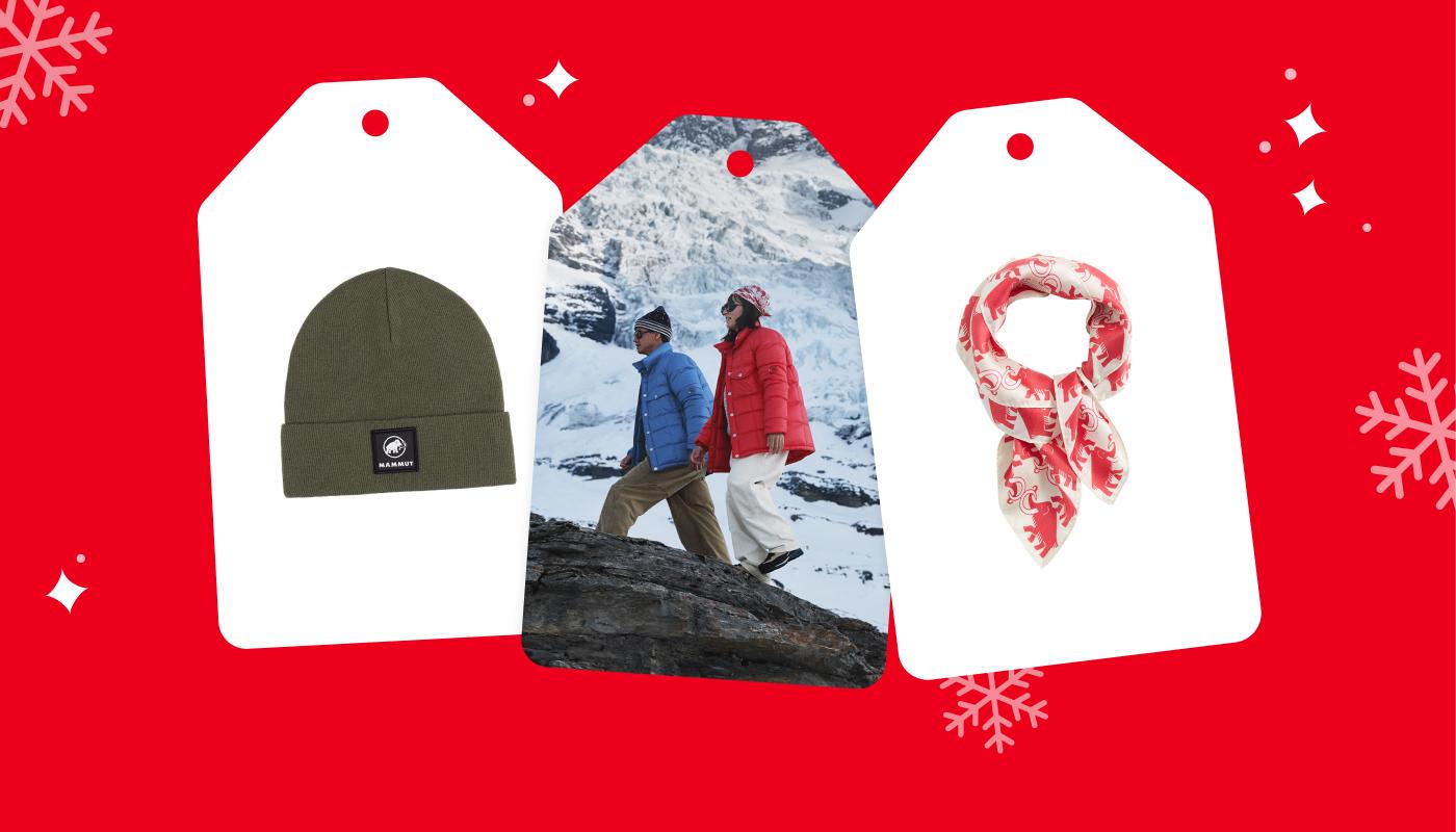 Gift tags featuring a Mammut beanie, a skier mid-air wearing Mammut gear, and a Mammut knitted headband. Snowflakes and stars decorate the dark background.