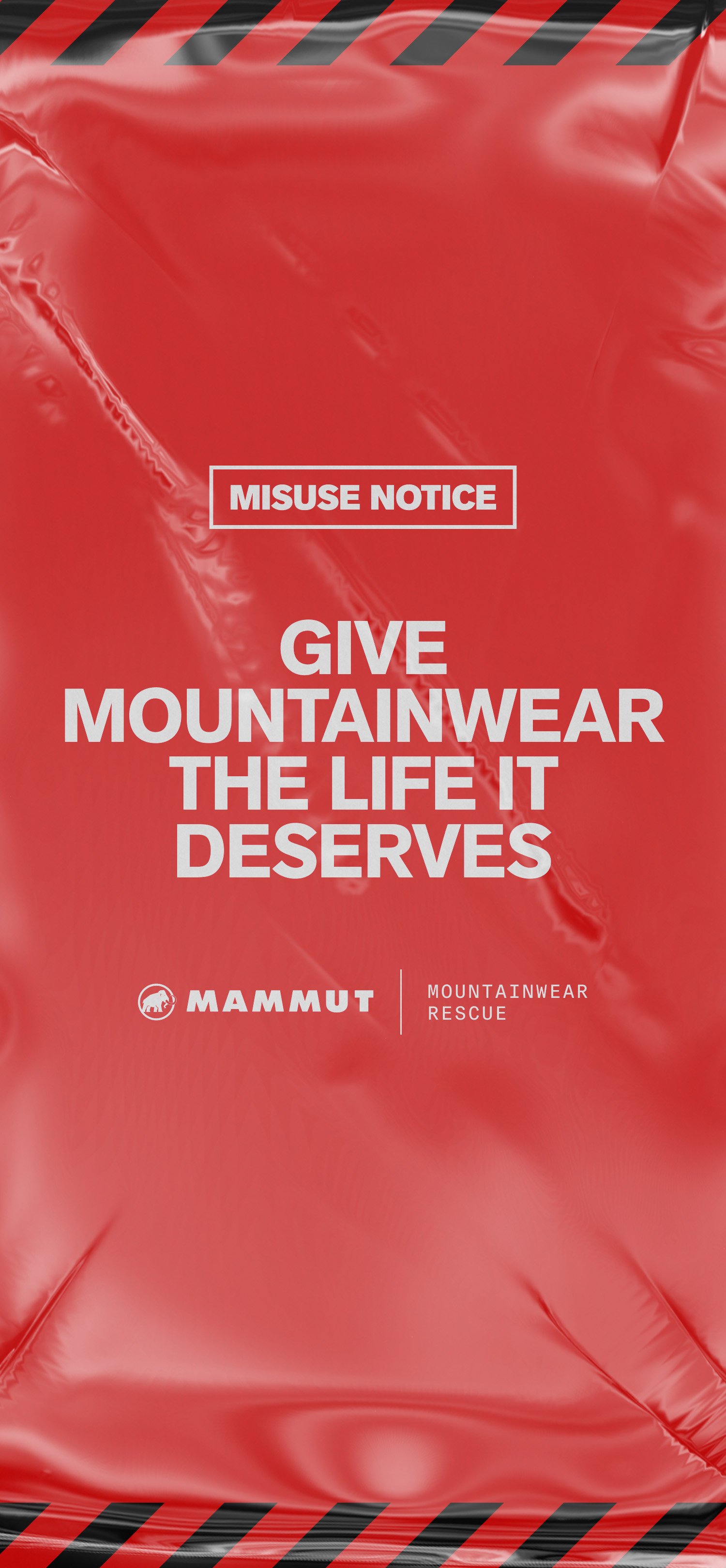 Red Mammut packaging with white text: "Give mountainwear the life it deserves" plus Mammut Mountainwear Rescue logos.