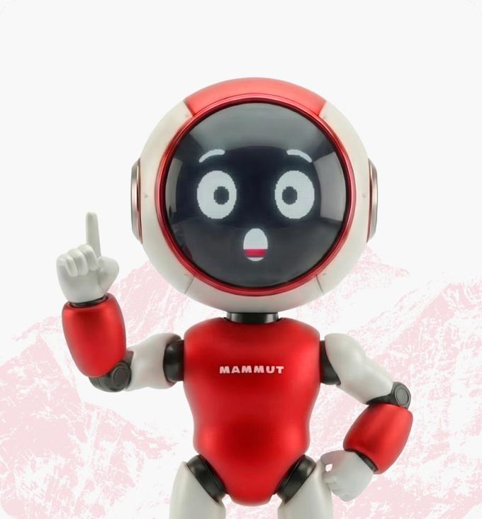 Cartoon robot with a red body, reminiscent of Mammut branding, raises a finger and shows a surprised expression on its face.