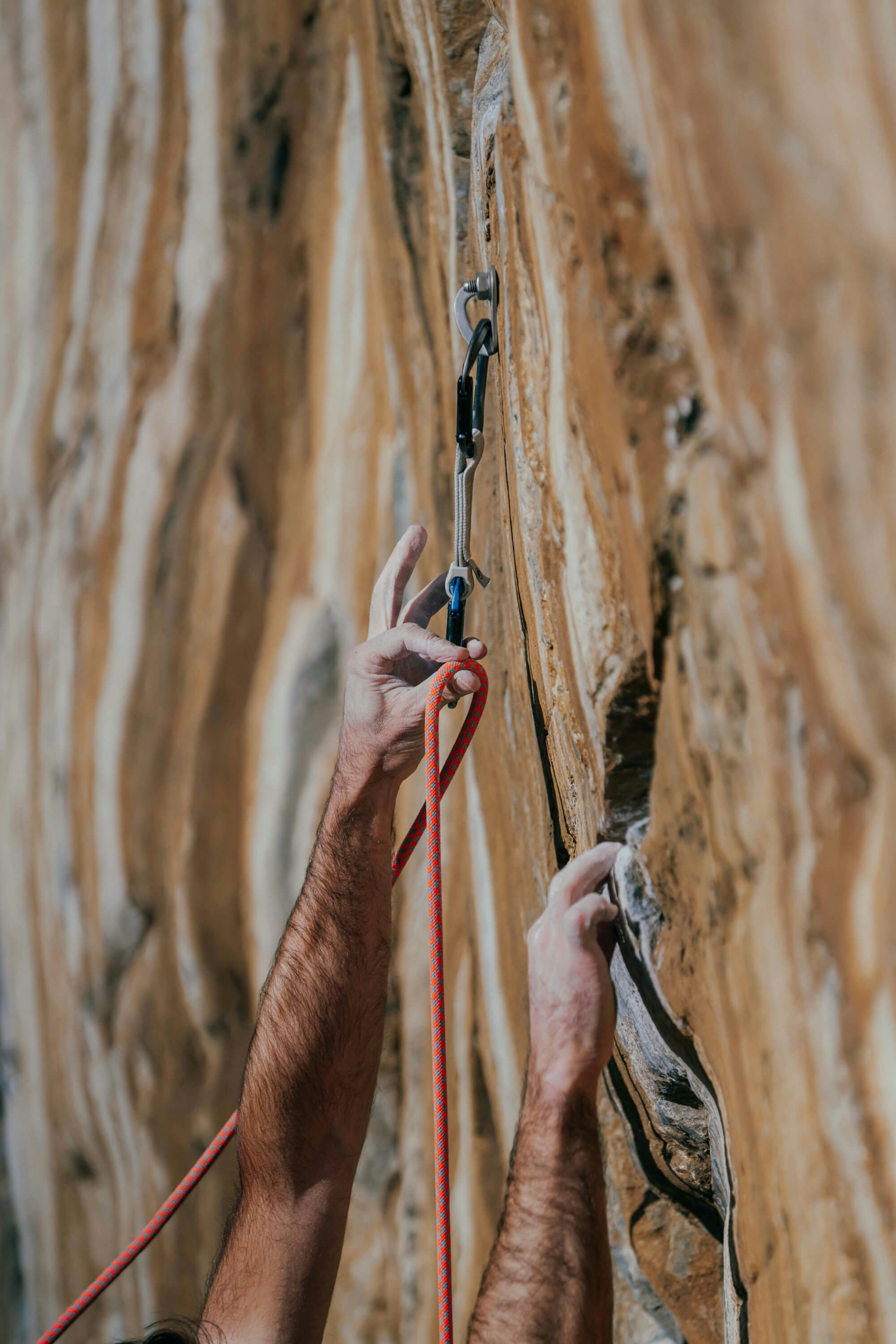 Mammut climber securing a rope to an anchor on a steep, textured rock face.