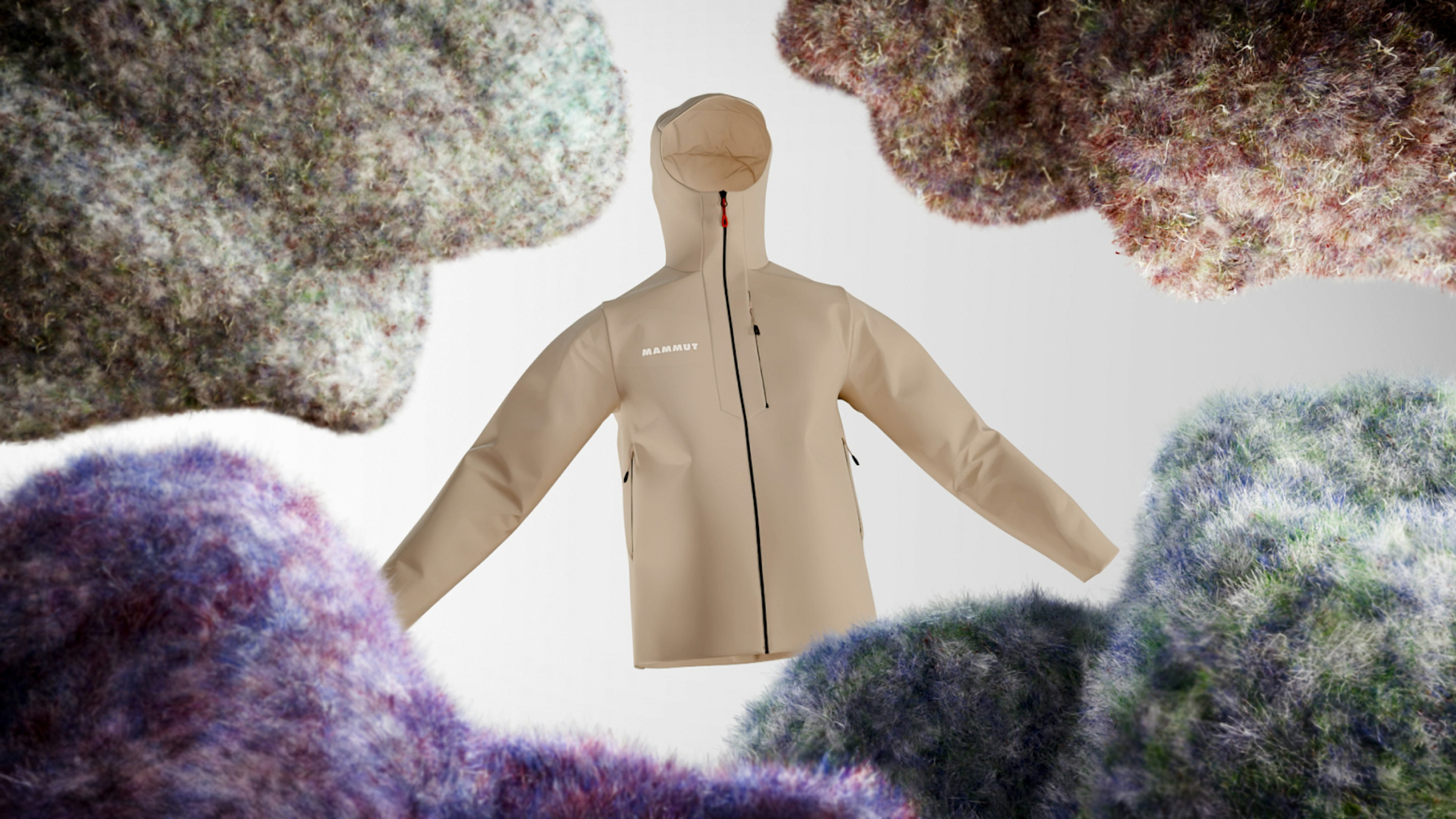 A beige Mammut rain jacket with a hood, surrounded by colorful, fluffy, cloud-like shapes, perfect for outdoor adventures.