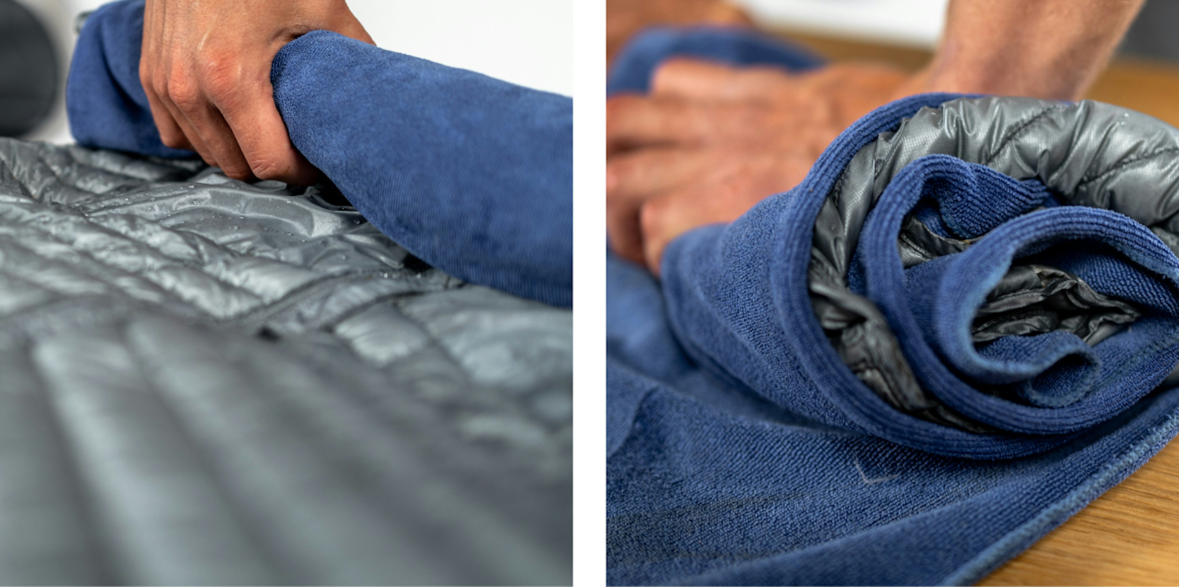 Two close-up images show hands rolling a blue Mammut towel with a gray quilted mountaineering item inside.