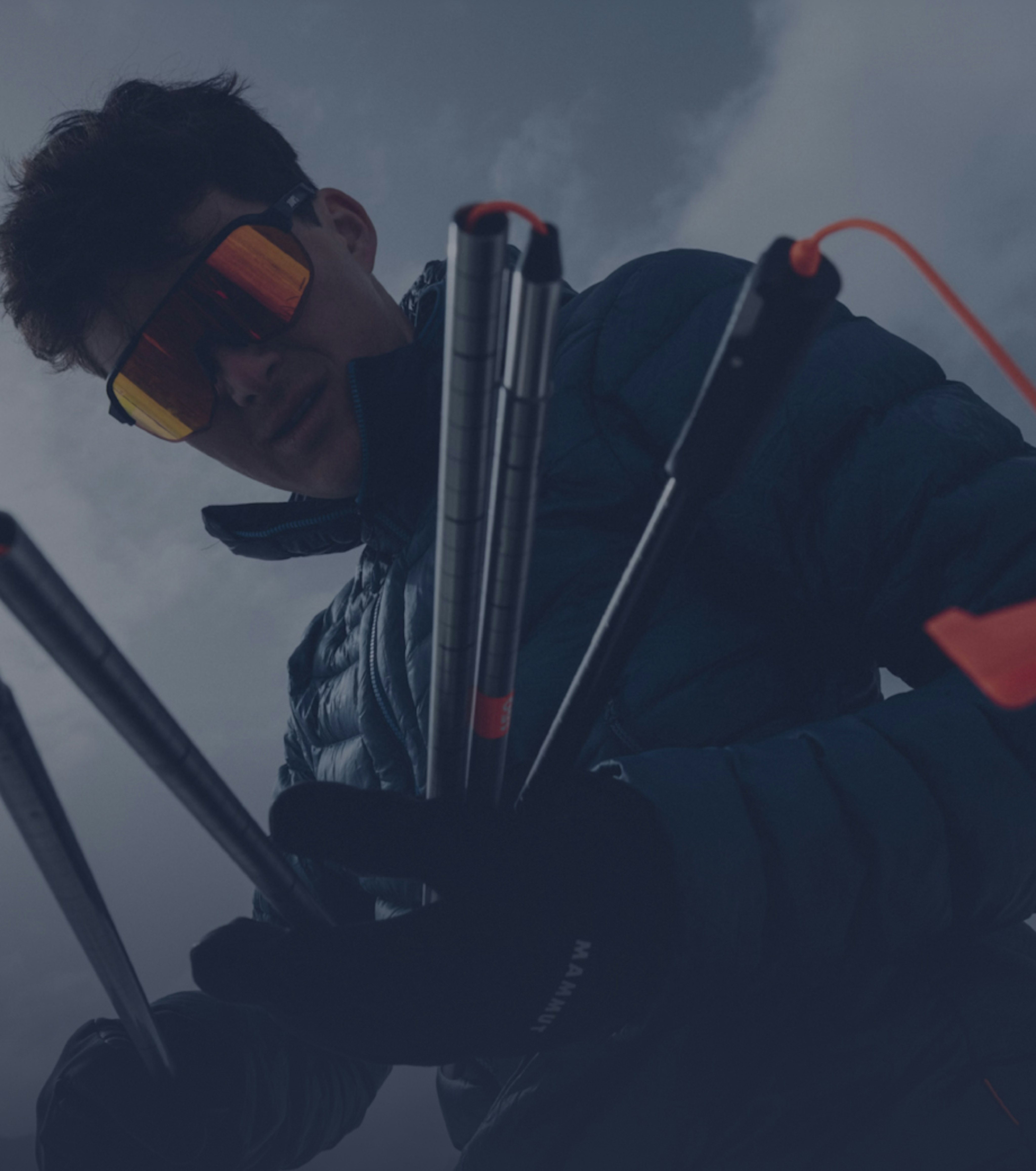 Person wearing a Mammut winter jacket holding ski poles against a cloudy sky.