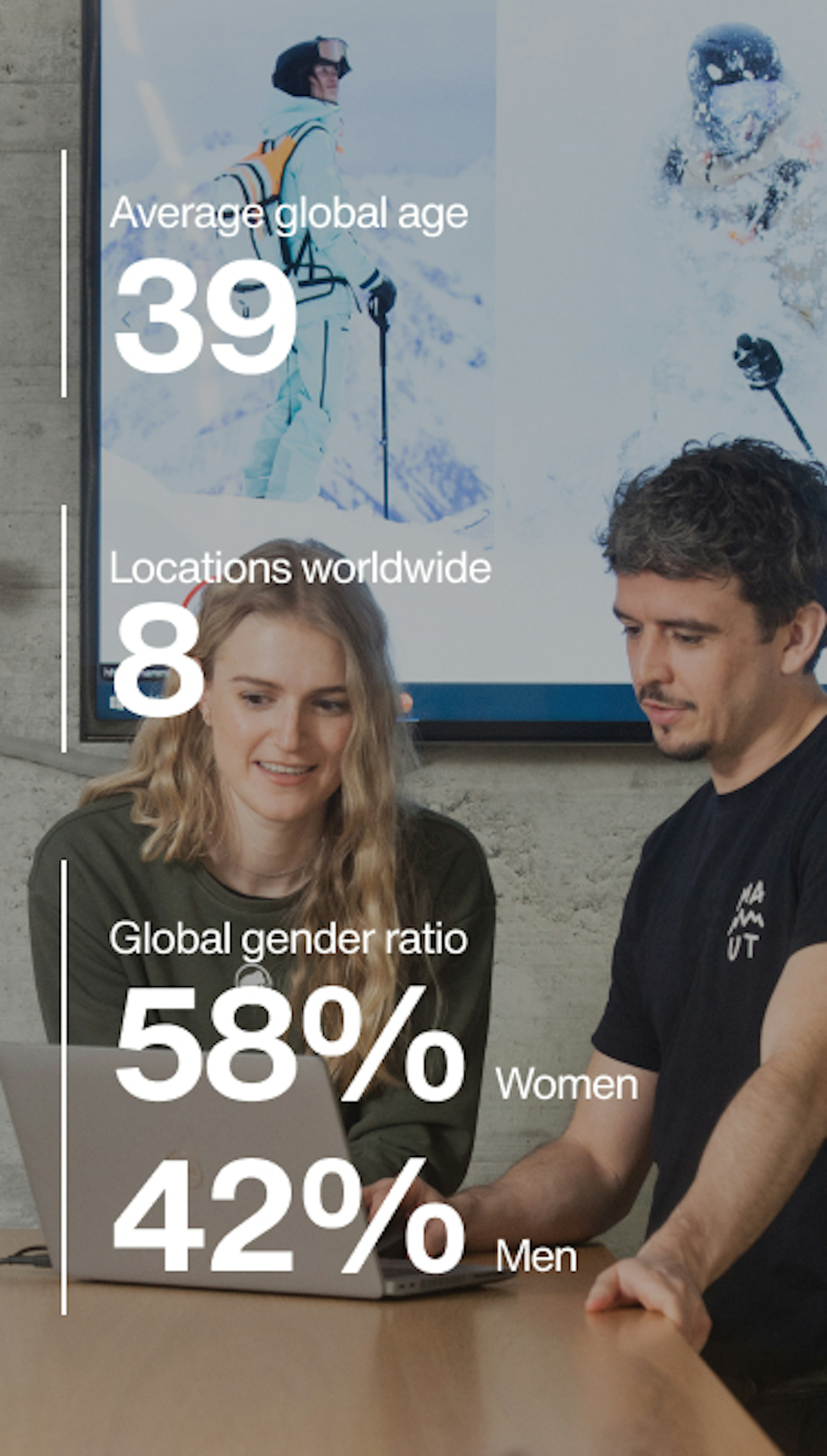 Two people analyzing demographic statistics on a laptop, focusing on age, locations, and gender ratio, relevant to Mammut's customer data.