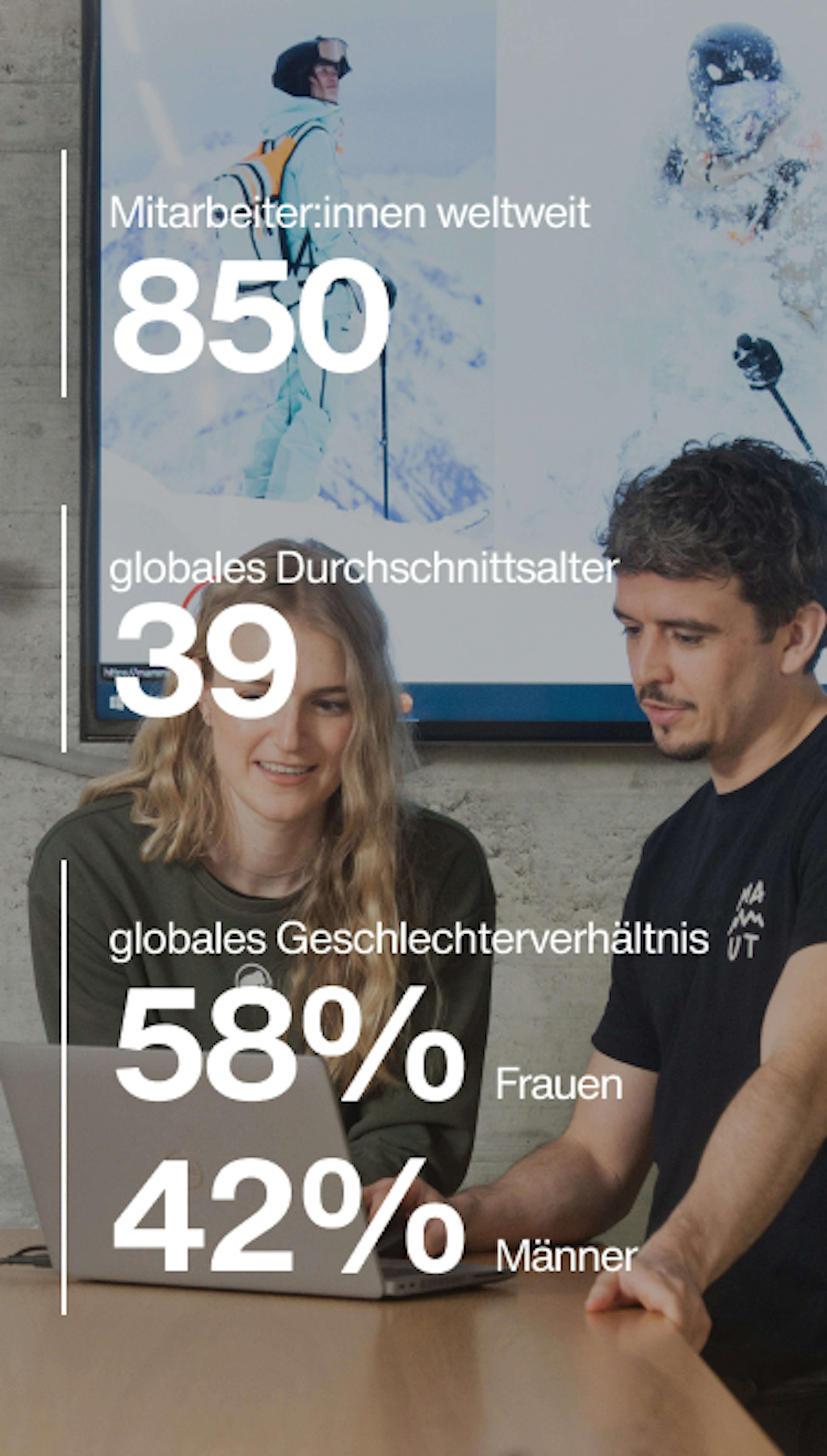 Two people analyzing demographic statistics on a laptop, focusing on age, locations, and gender ratio, relevant to Mammut's customer data.