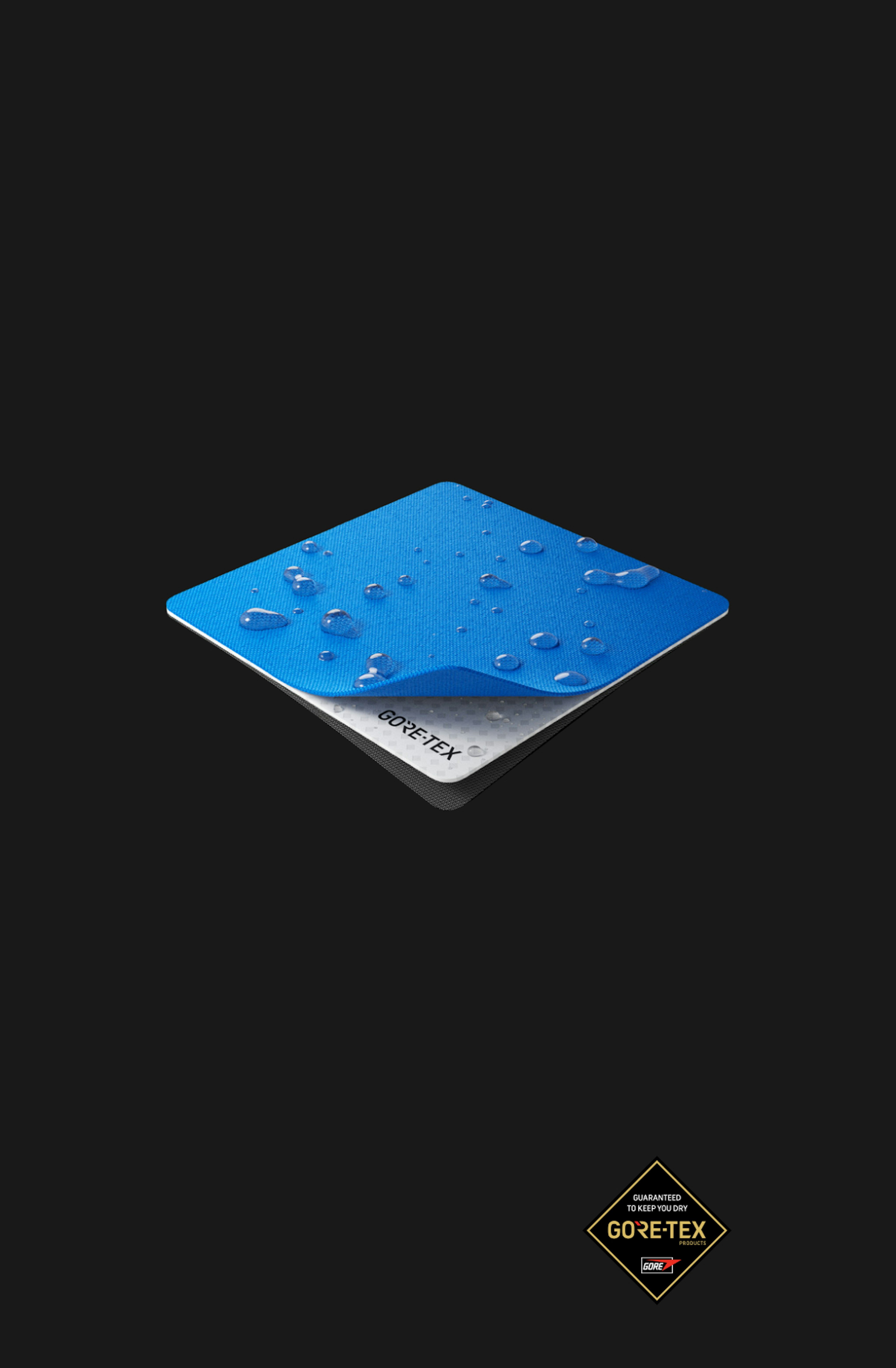 Water-resistant Mammut Gore-Tex fabric with water droplets on a blue surface, displayed against a black background.