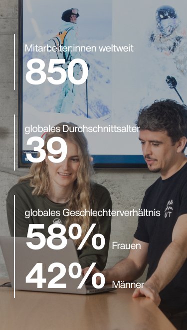 Two people analyzing demographic statistics on a laptop, focusing on age, locations, and gender ratio, relevant to Mammut's customer data.
